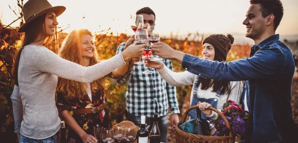 als Team durch die deutschen Weinberge wandern und Wein probieren