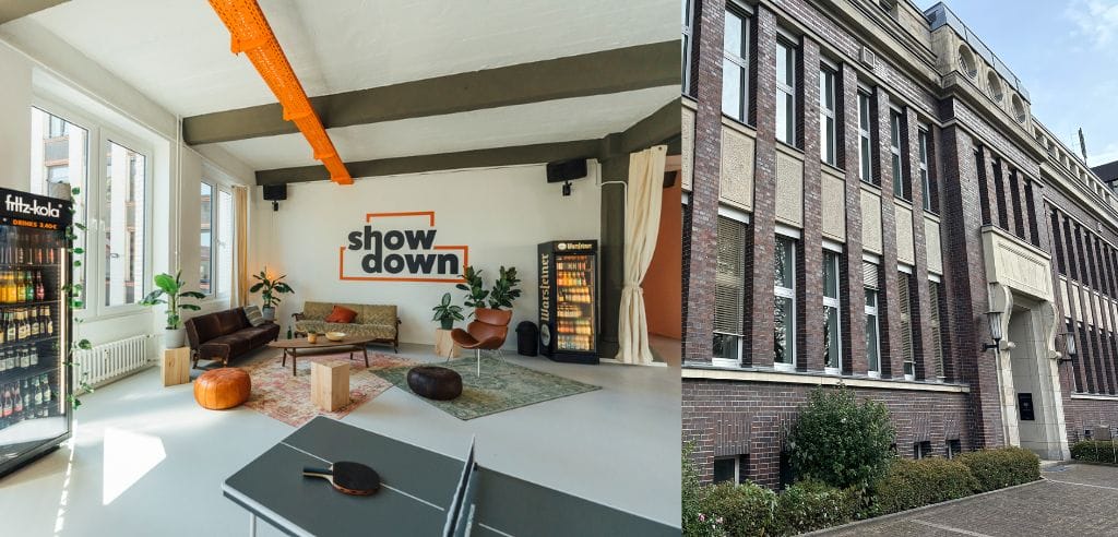 Lounge und Aussenfassade am Standort Düsseldorf