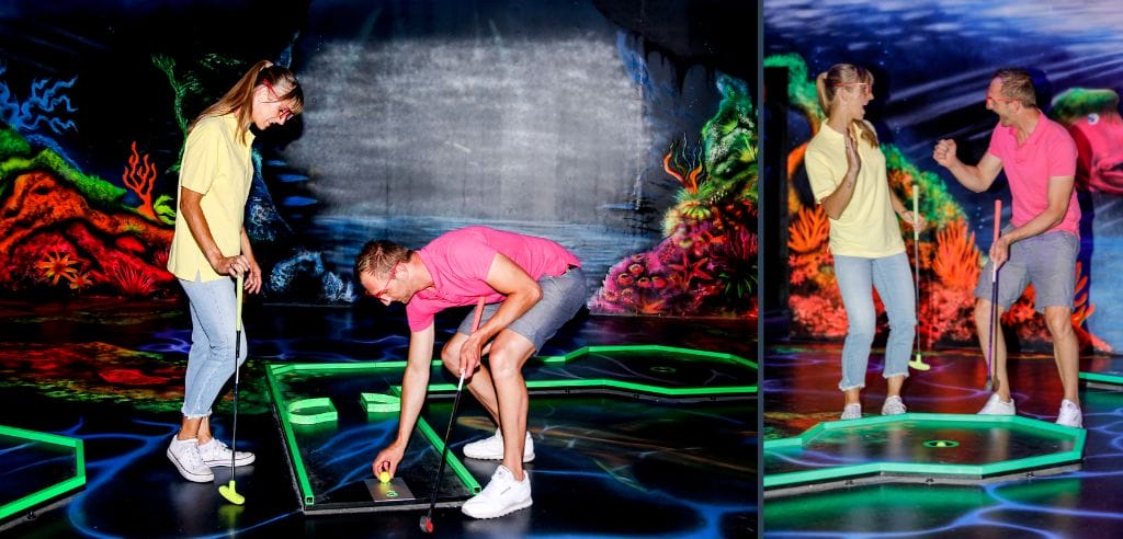 minigolf spielen in abenteuerlichen neonwelten